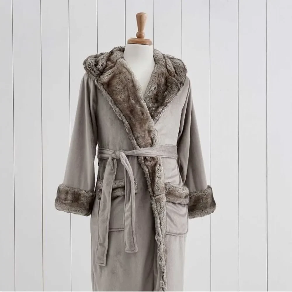 Ombre Tipped Faux Fur Robe, Large, Gray/Caramel
